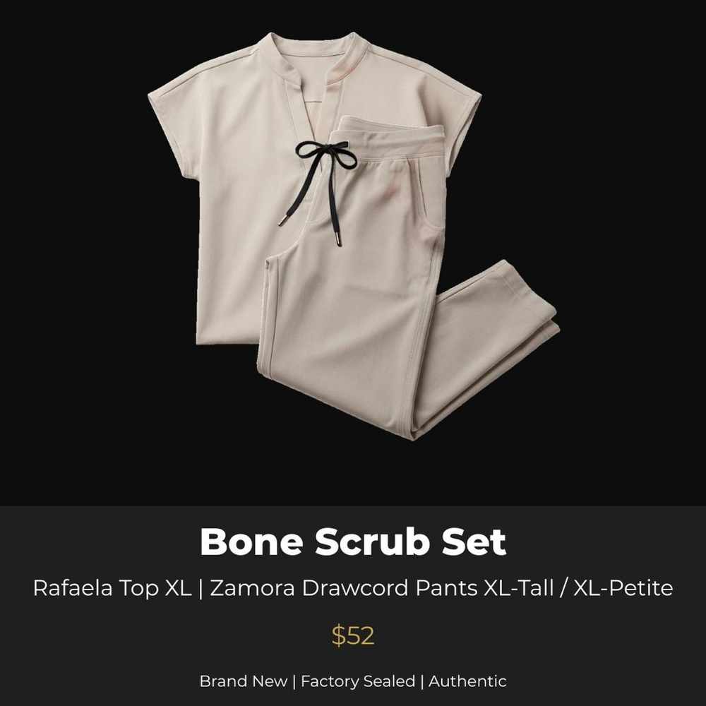 NWT FIGS Bone Scrub Set Rafaela Top Zamora Drawcord Pants XL Sealed